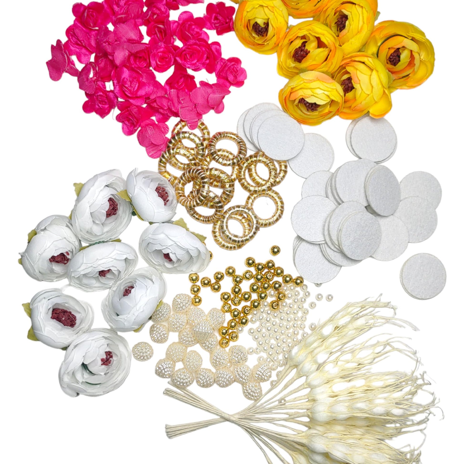 Indian Petal Multi-Design Bandarwal Making Raw Material Combo Set , Inside ( Mini Satin rose , Peony Head Flowers, Fabric Leaf, Foam Patch, ABS CCB Beads, Mini Gota Ring, Foam Filler ) (Style 4)