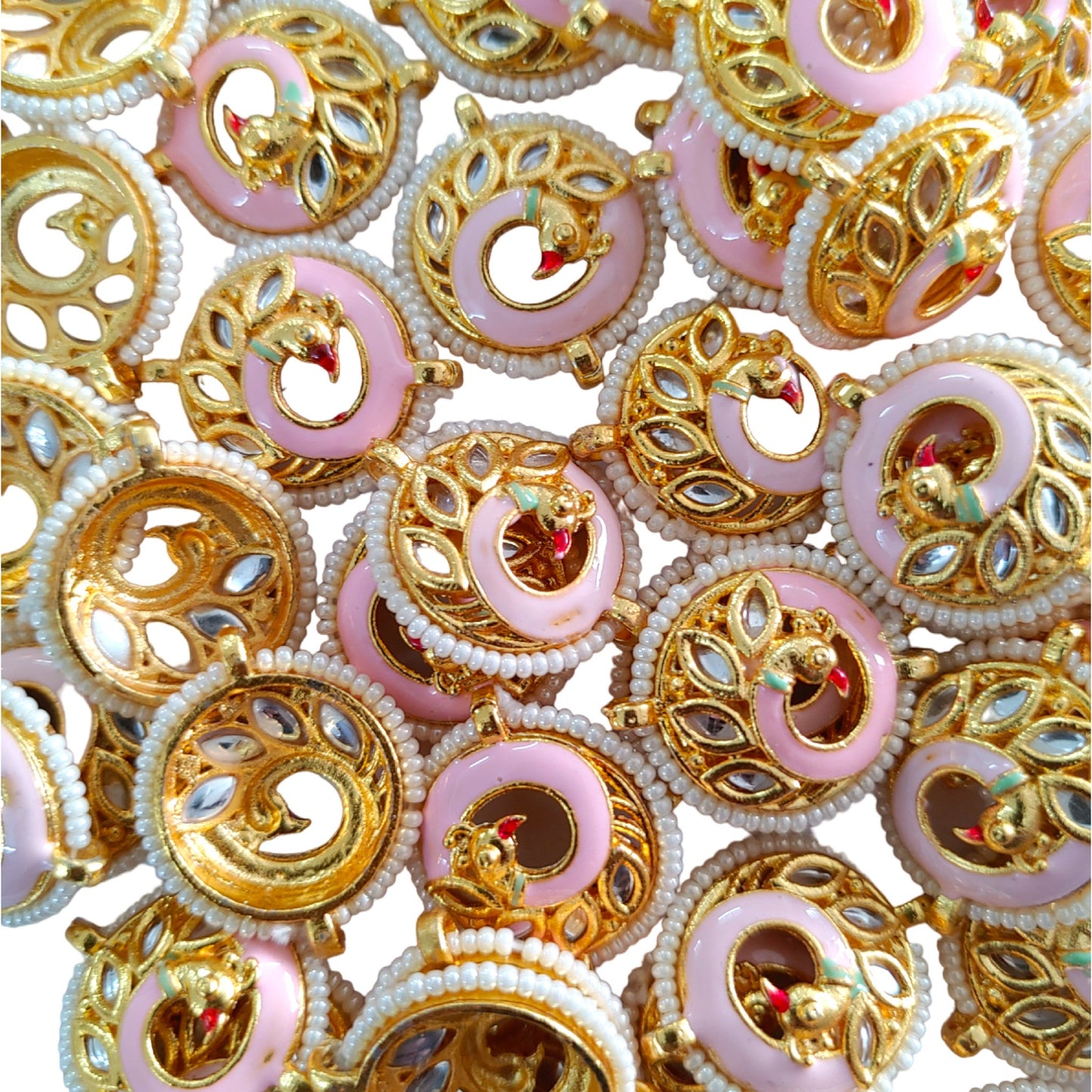 Indian Petals - 50 Pcs Round Shape Peacock Casting Metal Pendant Motif for Rakhi, Jewelry making, Craft or Decor. 50 Pcs Round Shape Peacock Casting Metal Pendant Motif for Rakhi, Jewelry making, Craft or Decor. - Light Pink / 50 Pieces