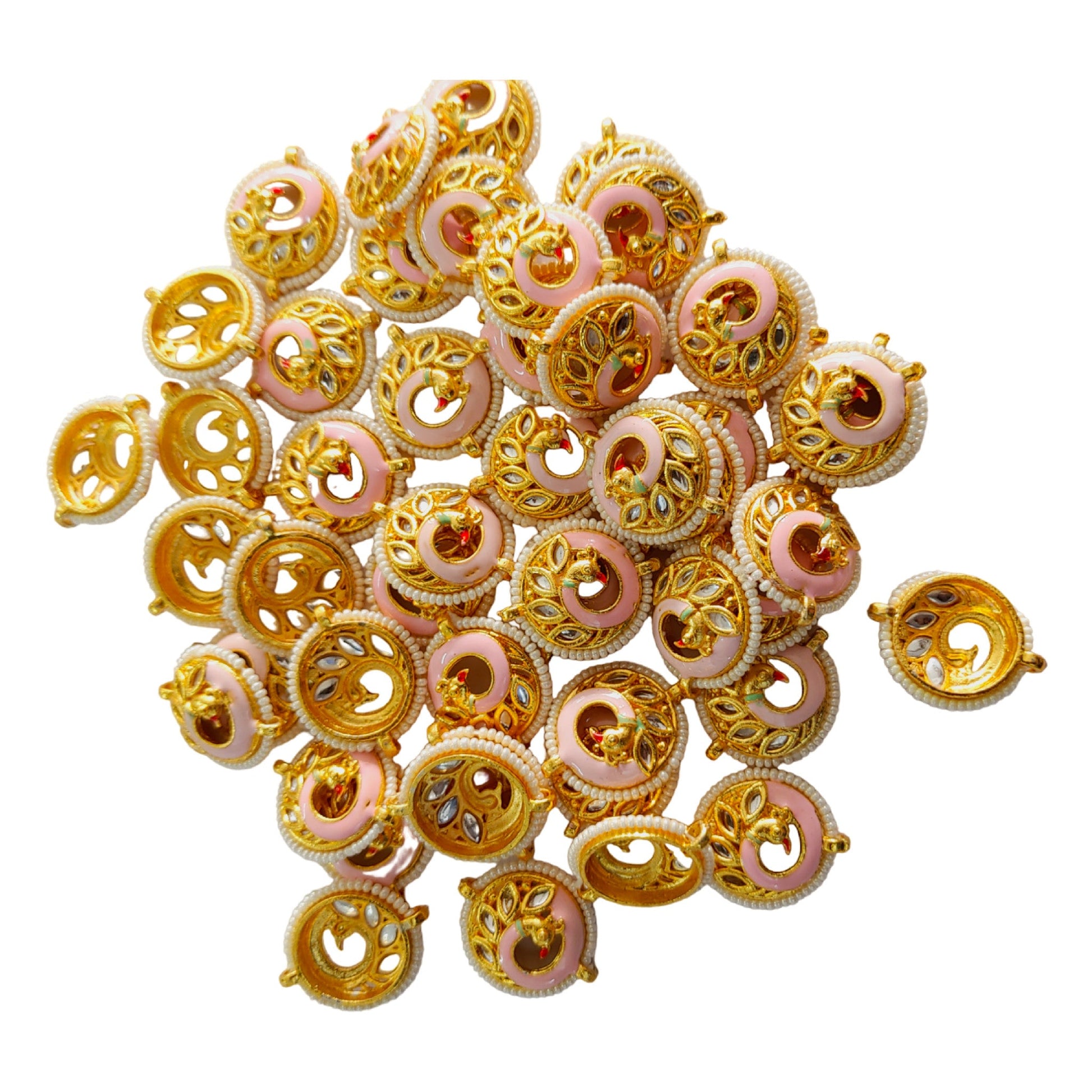 Indian Petals - 50 Pcs Round Shape Peacock Casting Metal Pendant Motif for Rakhi, Jewelry making, Craft or Decor. 50 Pcs Round Shape Peacock Casting Metal Pendant Motif for Rakhi, Jewelry making, Craft or Decor. - Light Pink / 50 Pieces