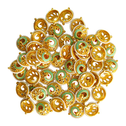 Indian Petals - 50 Pcs Round Shape Peacock Casting Metal Pendant Motif for Rakhi, Jewelry making, Craft or Decor. 50 Pcs Round Shape Peacock Casting Metal Pendant Motif for Rakhi, Jewelry making, Craft or Decor. - Light Green / 50 Pieces