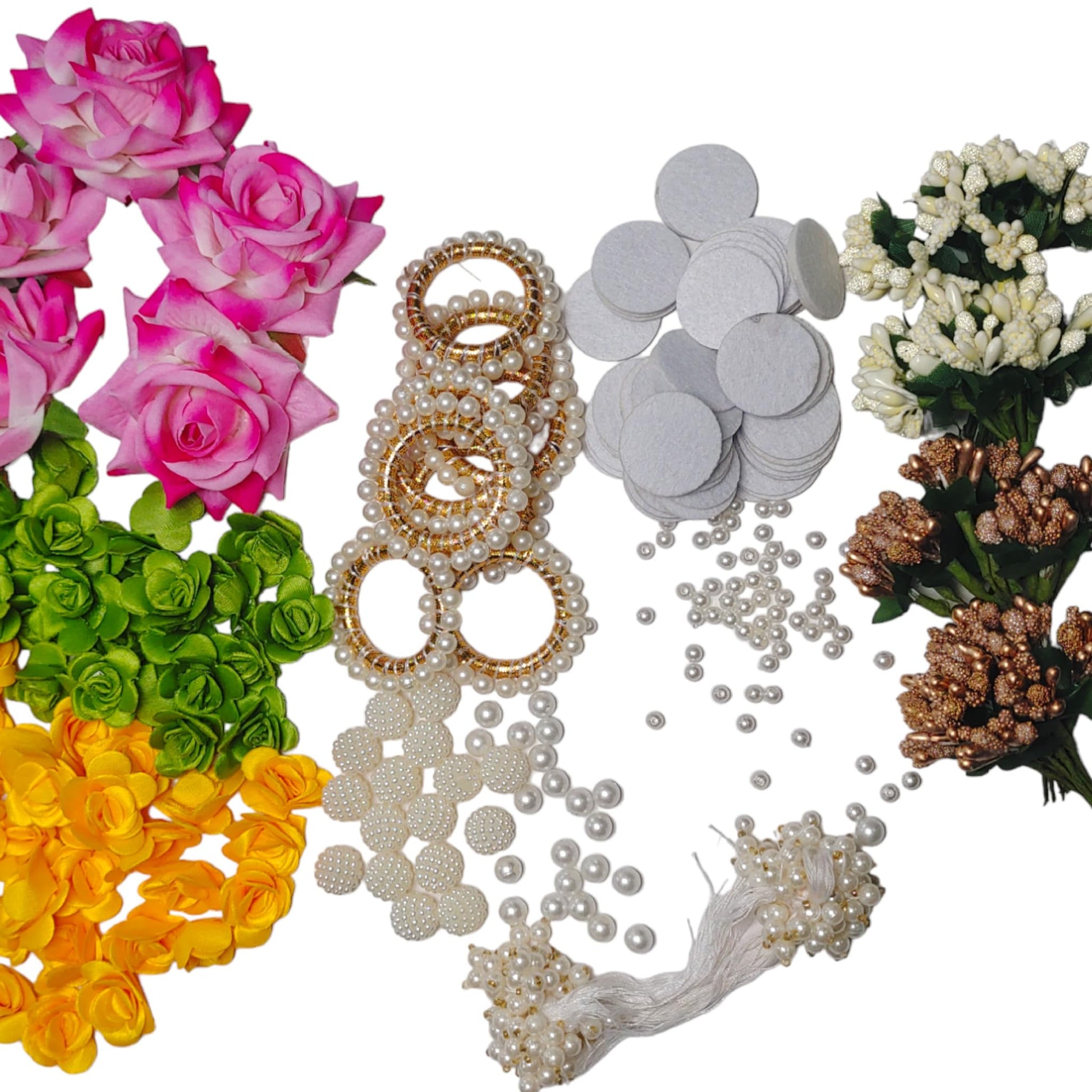 Multi-Design Bandarwal Macking Raw Material Combo Set , Inside ( Mini Satin Rose, Valvent Rose Head Flowers, Fabric Leaf, Foam Patch, ABS Beads, Tassel, Beaded Ring, Foam Buds ) (Style 3)