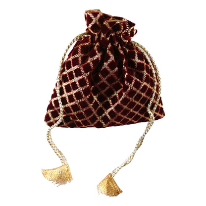 Indian Petals maroon-color-fabric-checkered-golden-gift-bag