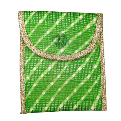 Indian Petals Decorative Glittery Lehriya Pocket with Zari Border Gift Bag / Pouch, Green