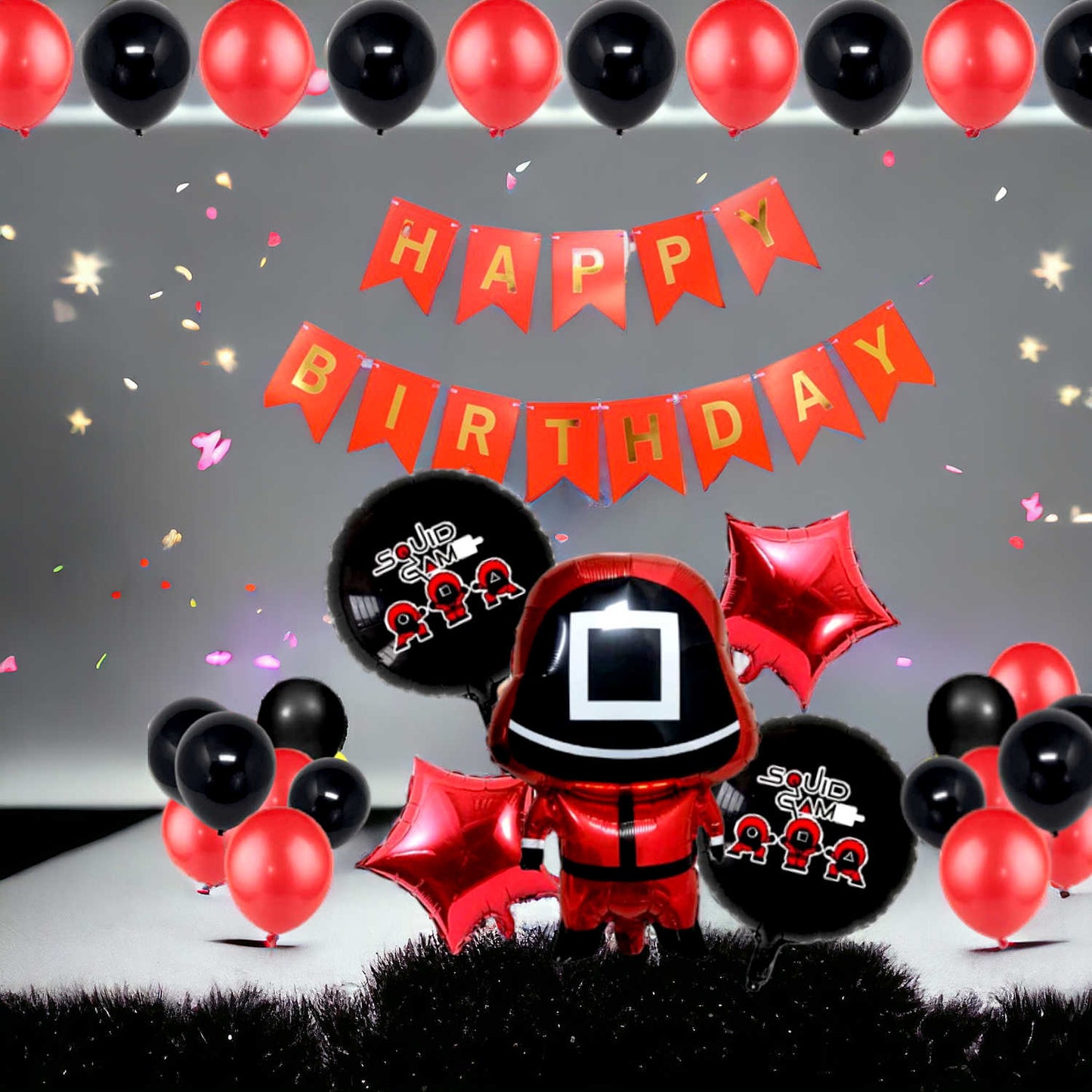 Squid Game Theme Happy Birthday Banner And Red-Black Balloon Set For Full Birthday Party Decoration