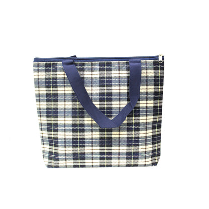 Indian Petals Imported Canvas Printed multi purpose Bag with handles for girls and ladies, Theme Traditional Scottish Checks, Large, Navy Blue