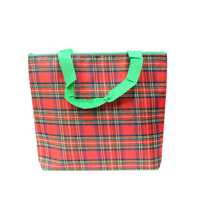 Indian Petals Imported Durable Canvas Printed multi purpose Bag with handles for girls and ladies, Theme Scottish Checks, Large, Green