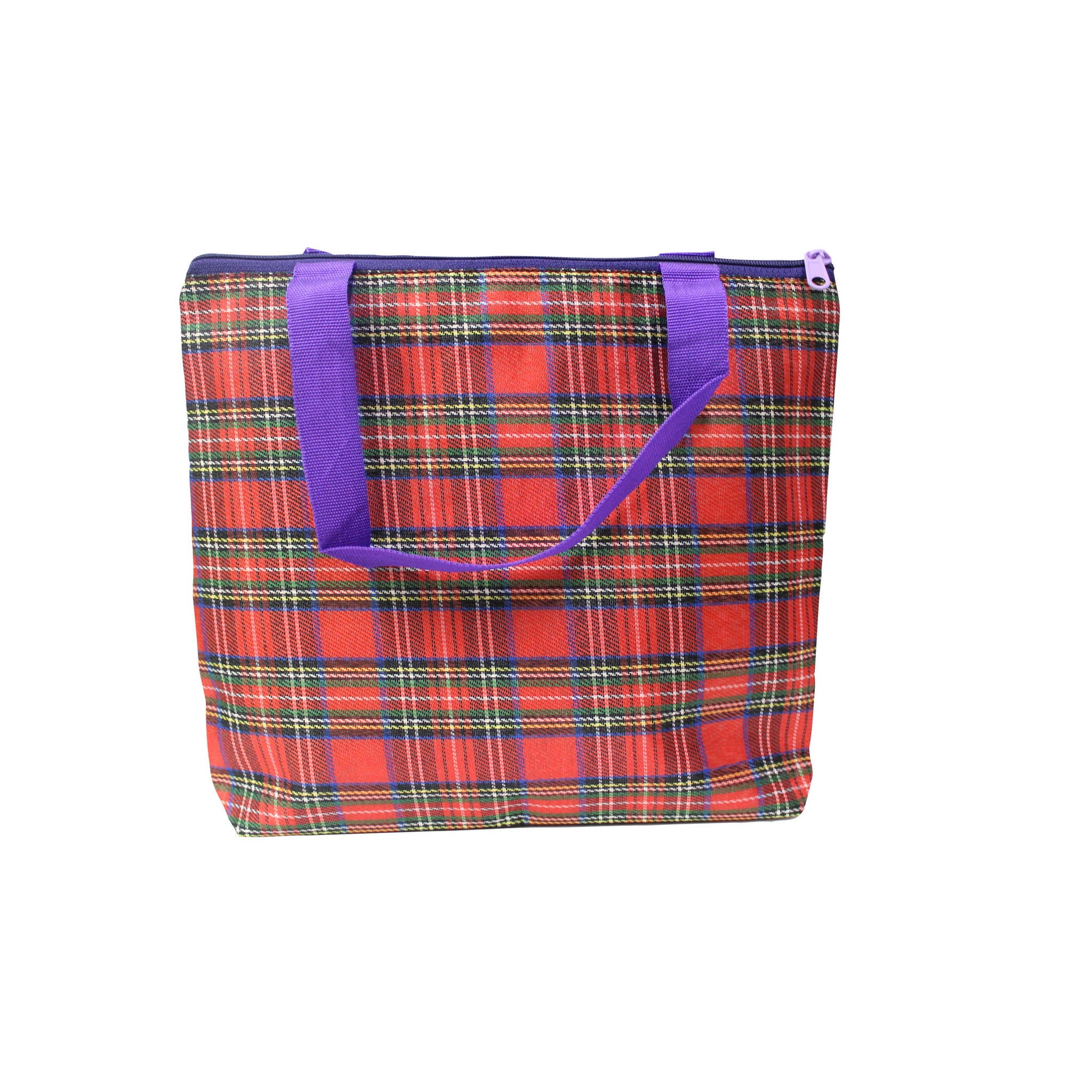 Indian Petals Imported Durable Canvas Printed multi purpose Bag with handles for girls and ladies, Theme Scottish Checks, Large, Lavender