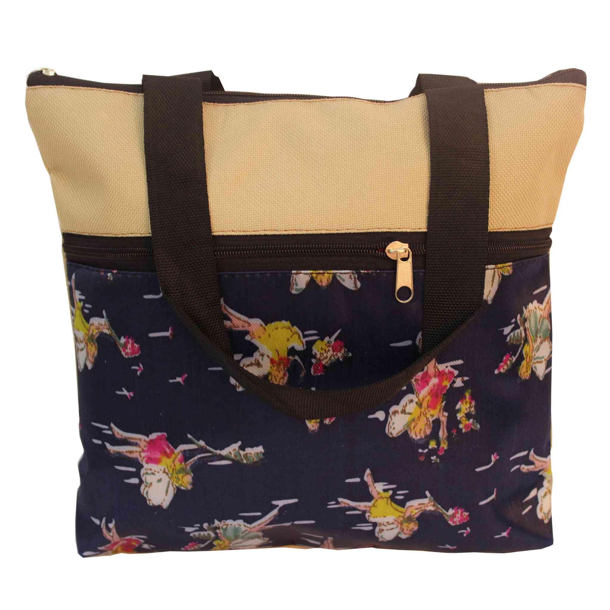 Indian Petals Imported Durable Canvas Printed multi purpose utility Medium size Bag with handles for all occasions for the girls and ladies, Design 1, Brown - Indian Petals