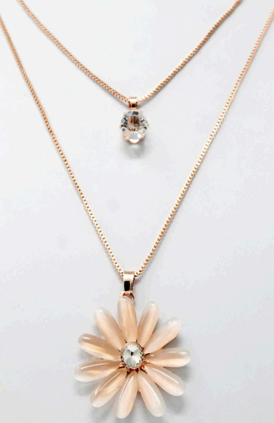 Indian Petals Rhinestones Studded Floral Design Imitation Fashion Metal Double Pendant with Long Chain for Girls