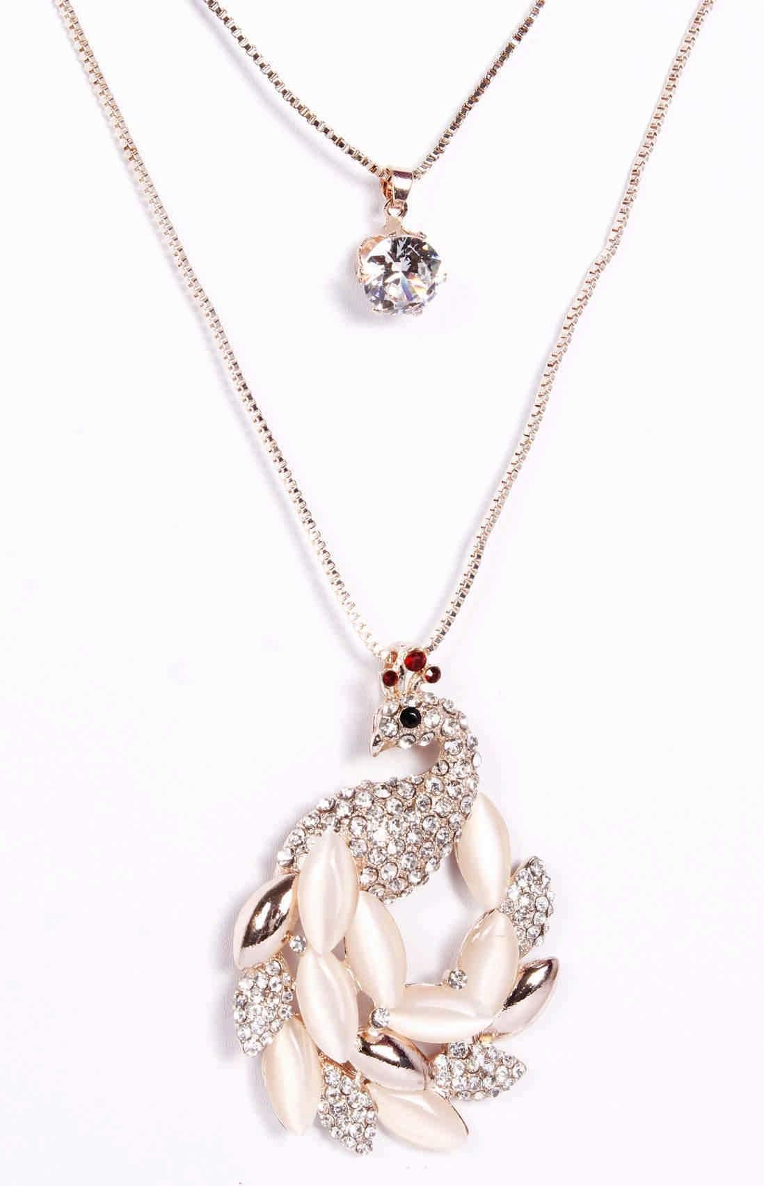 Indian Petals Rhinestones Studded Peacock Design Imitation Fashion Metal Double Pendant with Long Chain for Girls - Indian Petals