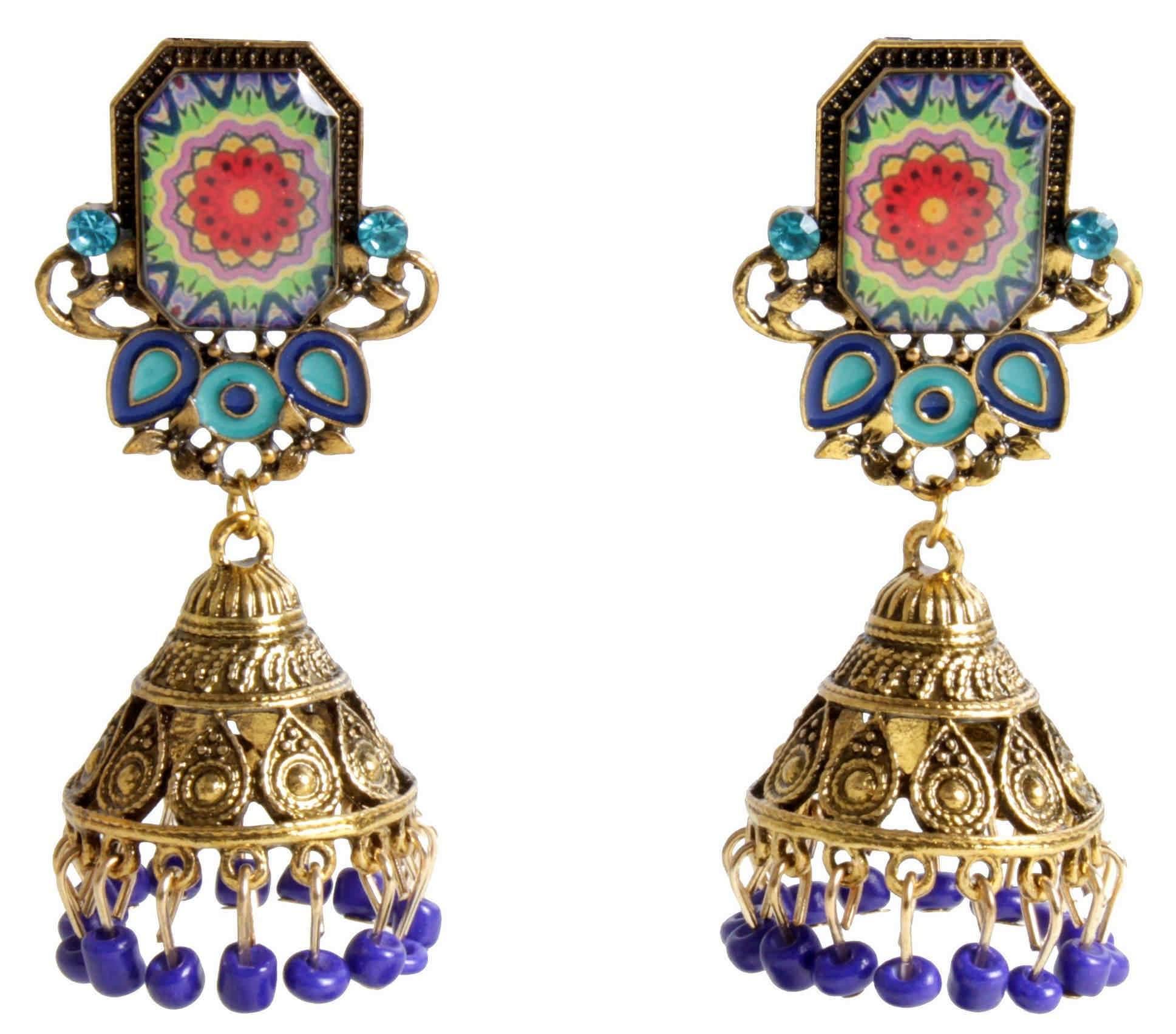 Indian Petals Rajputi Style Stone Fashion Gold Artificial Fashion Dangler Jhumka Earrings with Drops for Girls Women - Indian Petals