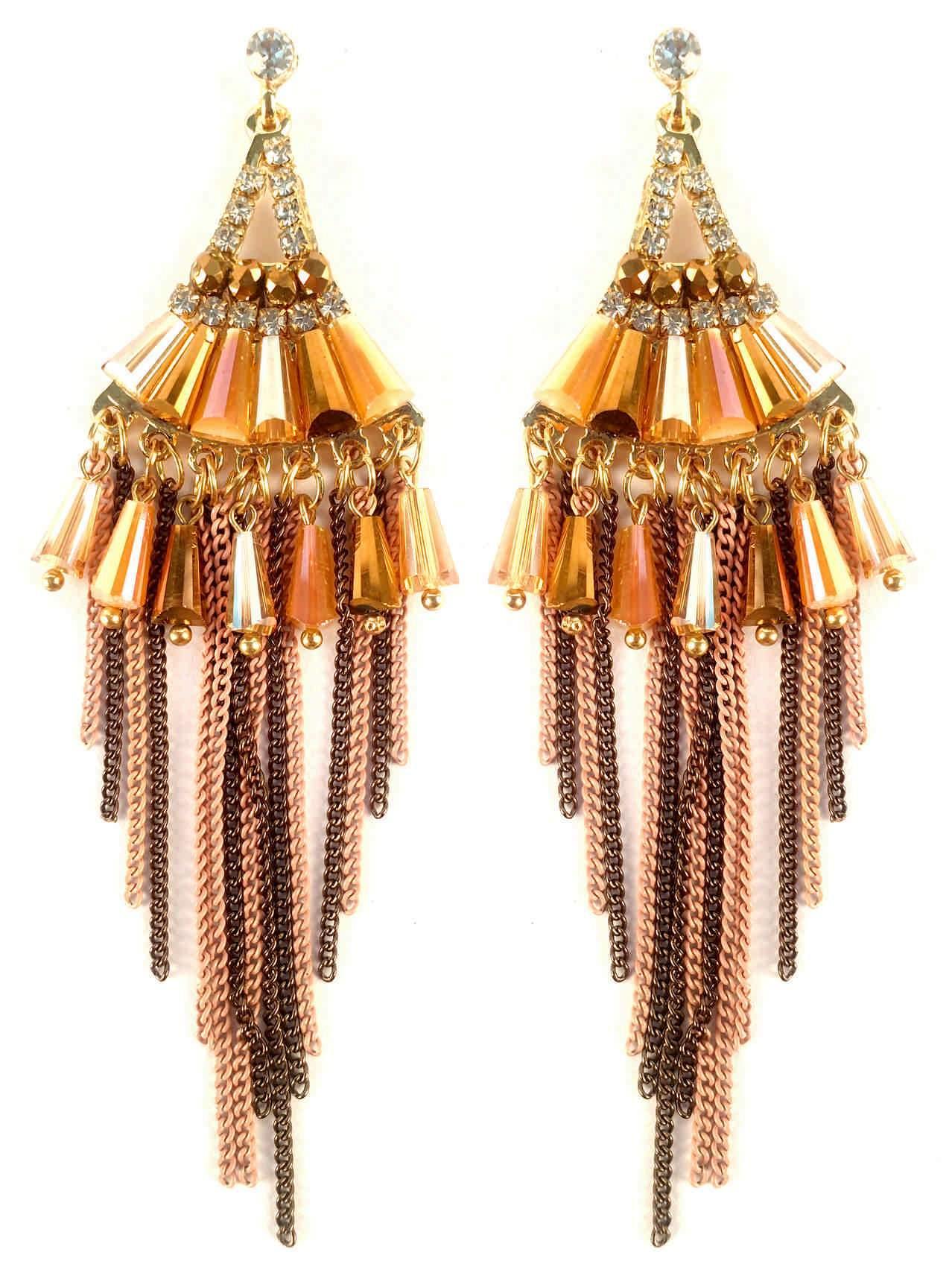 Indian Petals Chandelier Design Artificial Fashion Dangler Earrings Jhumka with Tassales for Girls Women, Brown
