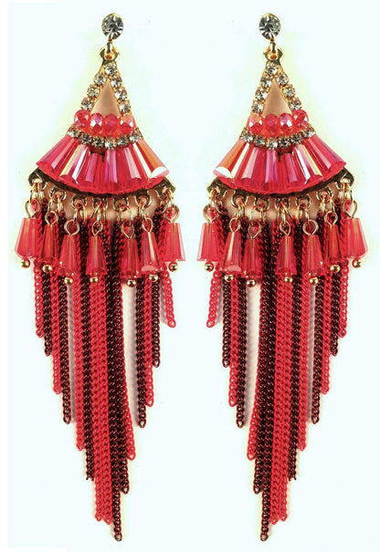 Indian Petals Chandelier Design Artificial Fashion Dangler Earrings Jhumka with Tassales for Girls Women, Red