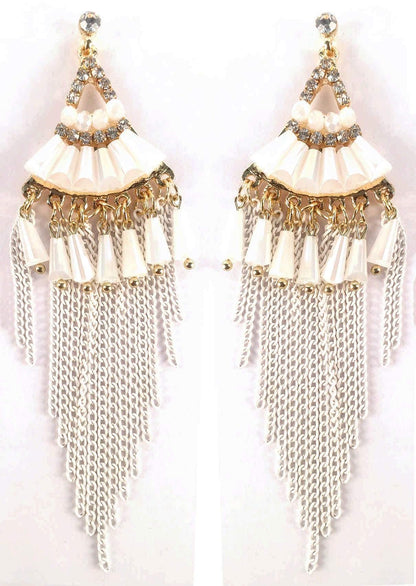 Indian Petals Chandelier Design Artificial Fashion Dangler Earrings Jhumka with Tassales for Girls Women, White
