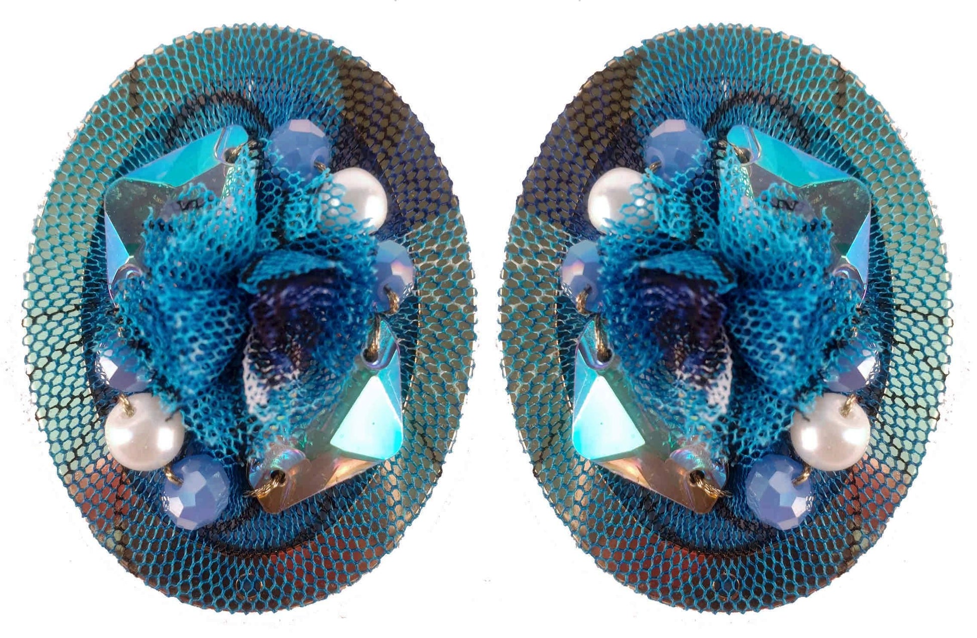 Indian Petals Rhinestones on Printed Net Design Artificial Fashion Dangler Earrings Jhumka for Girls Women, Oval, Blue