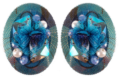 Indian Petals Rhinestones on Printed Net Design Artificial Fashion Dangler Earrings Jhumka for Girls Women, Oval, Blue
