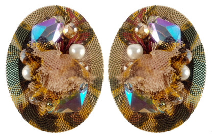 Indian Petals Rhinestones on Printed Net Design Artificial Fashion Dangler Earrings Jhumka for Girls Women, Oval, Brown