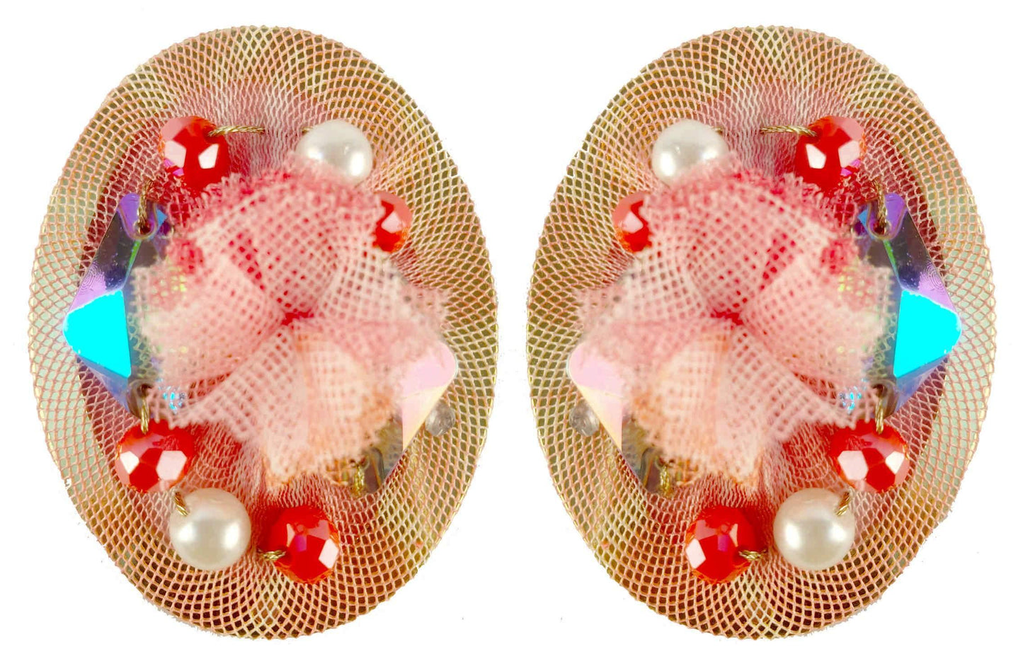 Indian Petals Rhinestones on Printed Net Design Artificial Fashion Dangler Earrings Jhumka for Girls Women, Oval, Pink