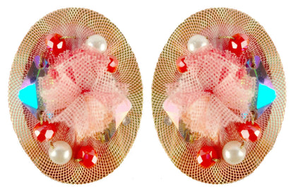Indian Petals Rhinestones on Printed Net Design Artificial Fashion Dangler Earrings Jhumka for Girls Women, Oval, Pink