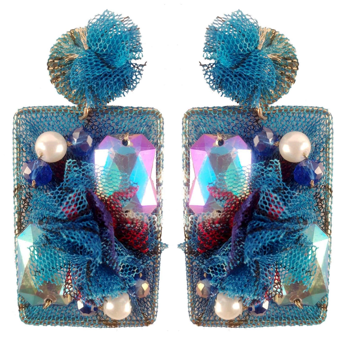 Indian Petals Rhinestones on Printed Net Design Artificial Fashion Dangler Earrings Jhumka for Girls Women, Rectangle, Blue