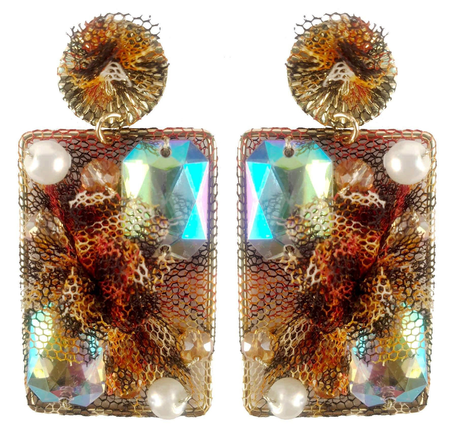 Indian Petals Rhinestones on Printed Net Design Artificial Fashion Dangler Earrings Jhumka for Girls Women, Rectangle, Brown