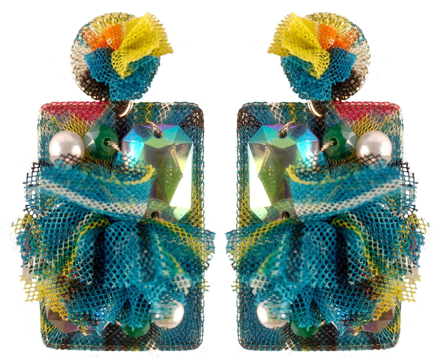 Indian Petals Rhinestones on Printed Net Design Artificial Fashion Dangler Earrings Jhumka for Girls Women, Rectangle, Turquoise