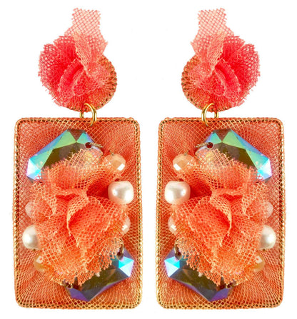 Indian Petals Rhinestones on Printed Net Design Artificial Fashion Dangler Earrings Jhumka for Girls Women, Rectangle, Peach