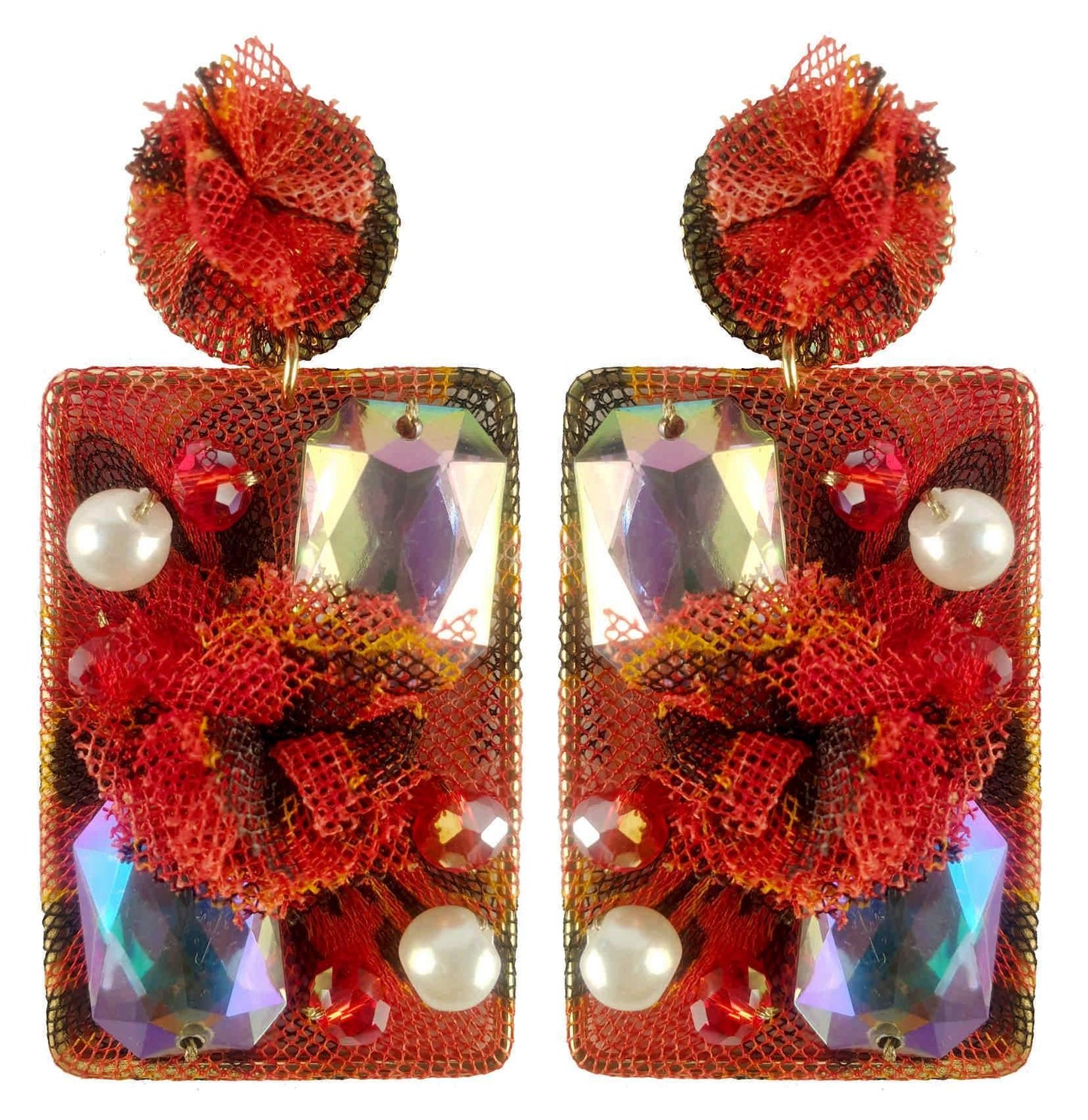 Indian Petals Rhinestones on Printed Net Design Artificial Fashion Dangler Earrings Jhumka for Girls Women, Rectangle, Red