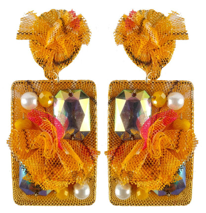 Indian Petals Rhinestones on Printed Net Design Artificial Fashion Dangler Earrings Jhumka for Girls Women, Rectangle, Yellow