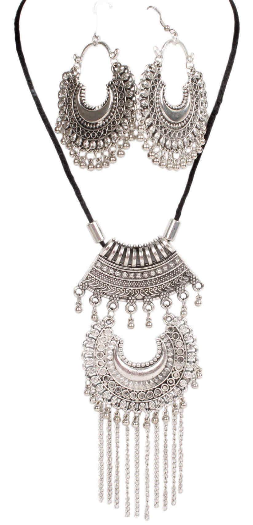 Indian Petals Retro style Afgani design Metal Pendant Imitation Fashion Oxidised Necklace Set with Tassels for Girls and Ladies - #Indian Petals