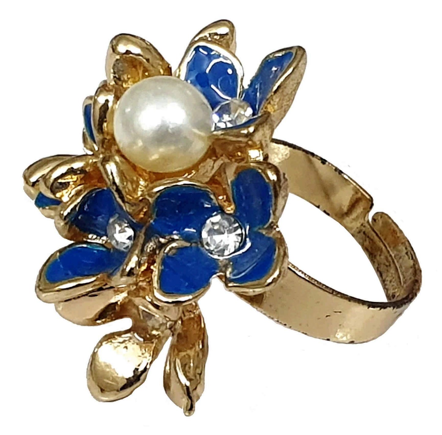 Indian Petals Rhinestones and Pearls Studded Floral Design Enamel Imitation Artificial Metal Polished Ring for Girls - Indian Petals