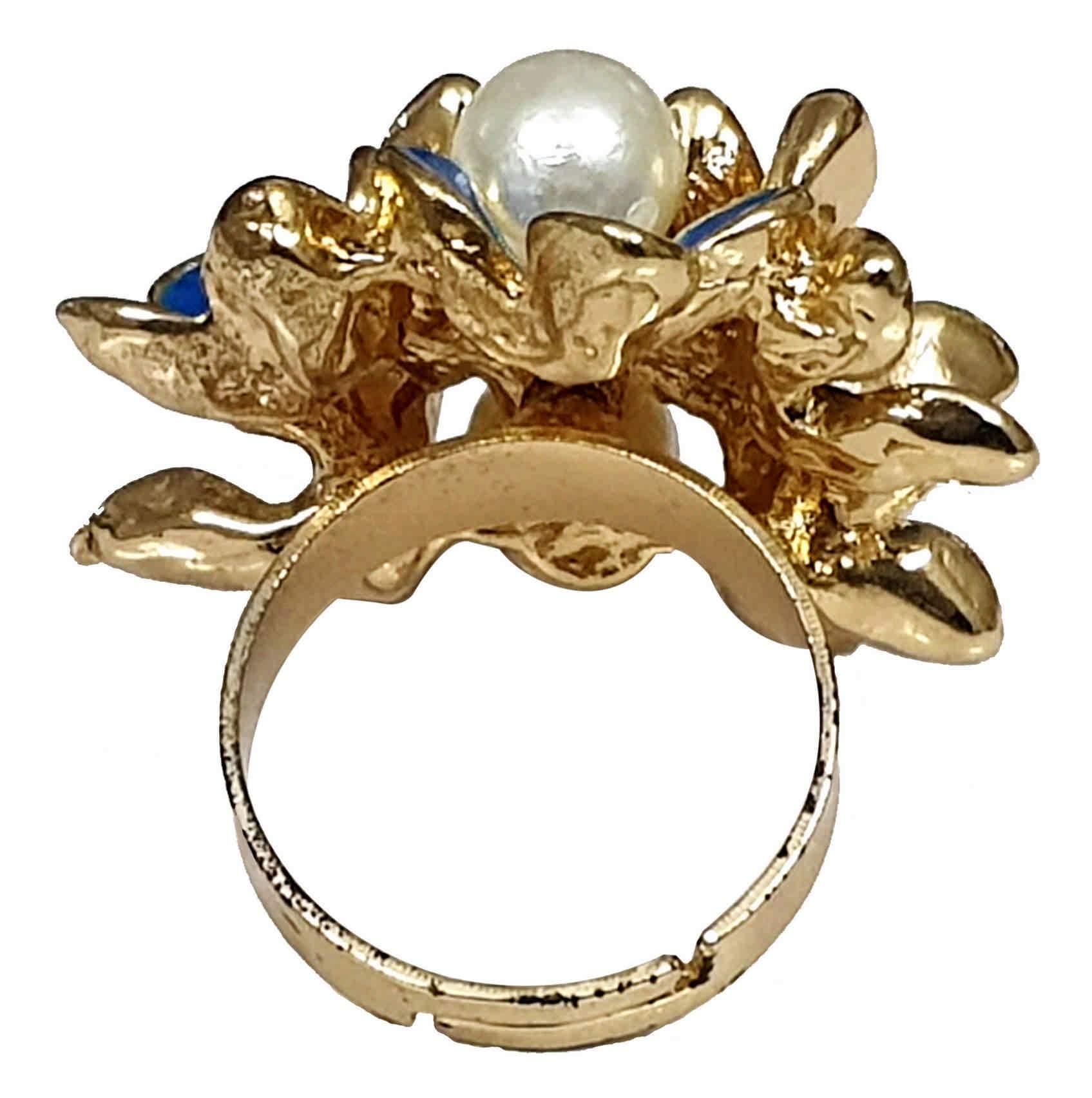 Indian Petals Rhinestones and Pearls Studded Floral Design Enamel Imitation Artificial Metal Polished Ring for Girls - Indian Petals