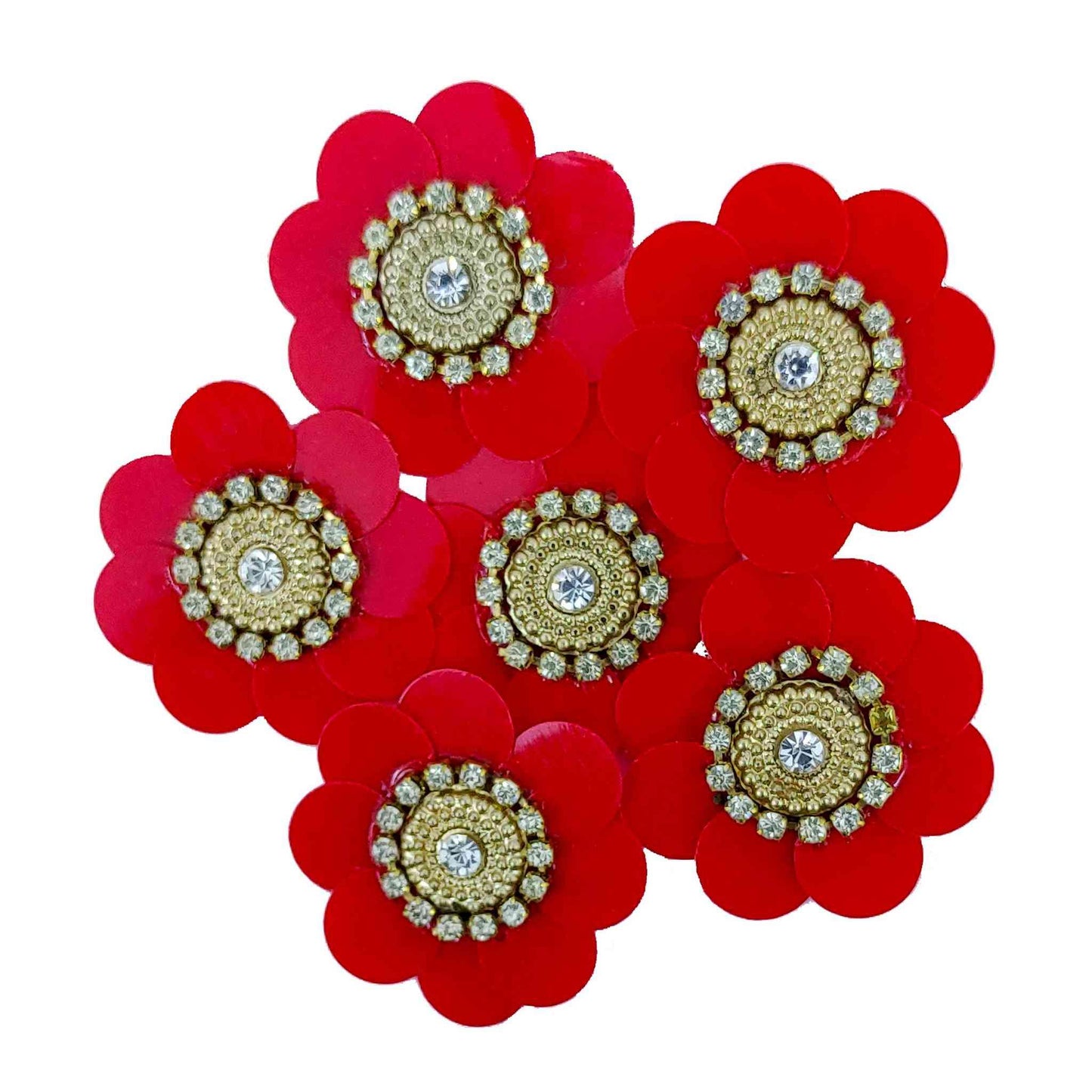 Indian Petals Sequence work Floral Buti for DIY Craft, Trouseau Packing or Decoration (Bunch of 12) - Design 206, Red - Indian Petals