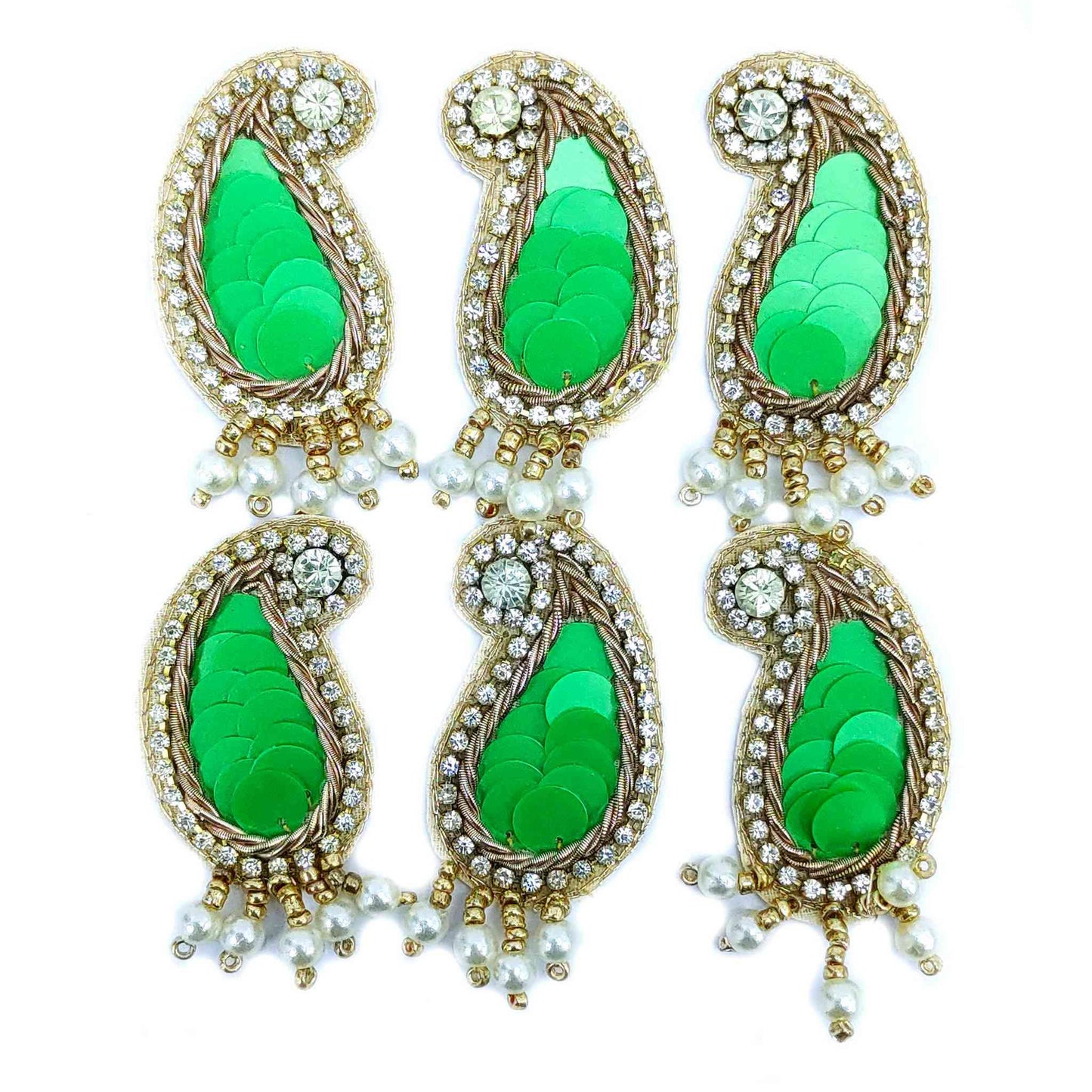 Indian Petals Keri Design Sequence Buti with Stones for DIY Craft, Trouseau Packing or Decoration (Bunch of 12) - Design 209, Green - Indian Petals