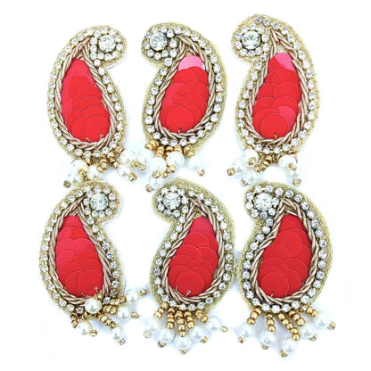 Indian Petals Keri Design Sequence Buti with Stones for DIY Craft, Trouseau Packing or Decoration (Bunch of 12) - Design 209, Red - Indian Petals