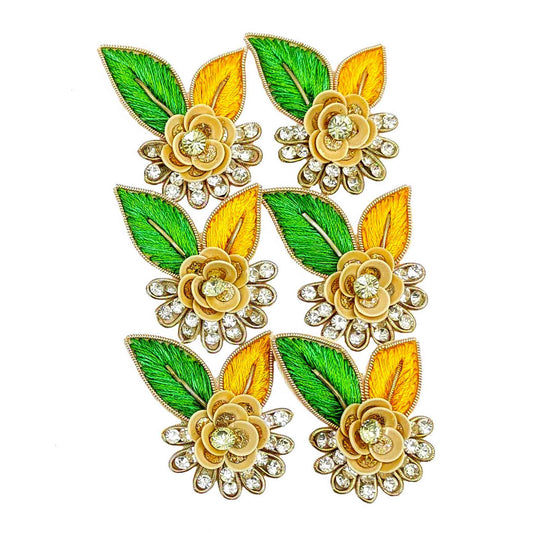 Indian Petals Threaded Floral Style Buti for DIY Craft, Trousseau Packing or Decoration (Bunch of 12) - Design 216, Green Yellow - Indian Petals