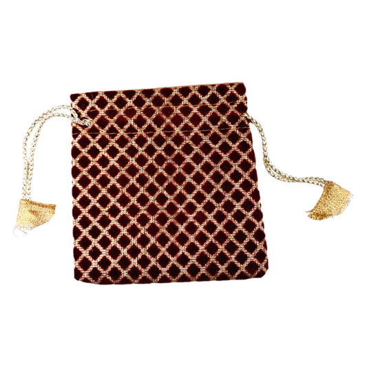 Indian Petals Maroon Color Fabric Checkered Golden Square Tote Pouch /Potli /Gift Bag - 108MR
