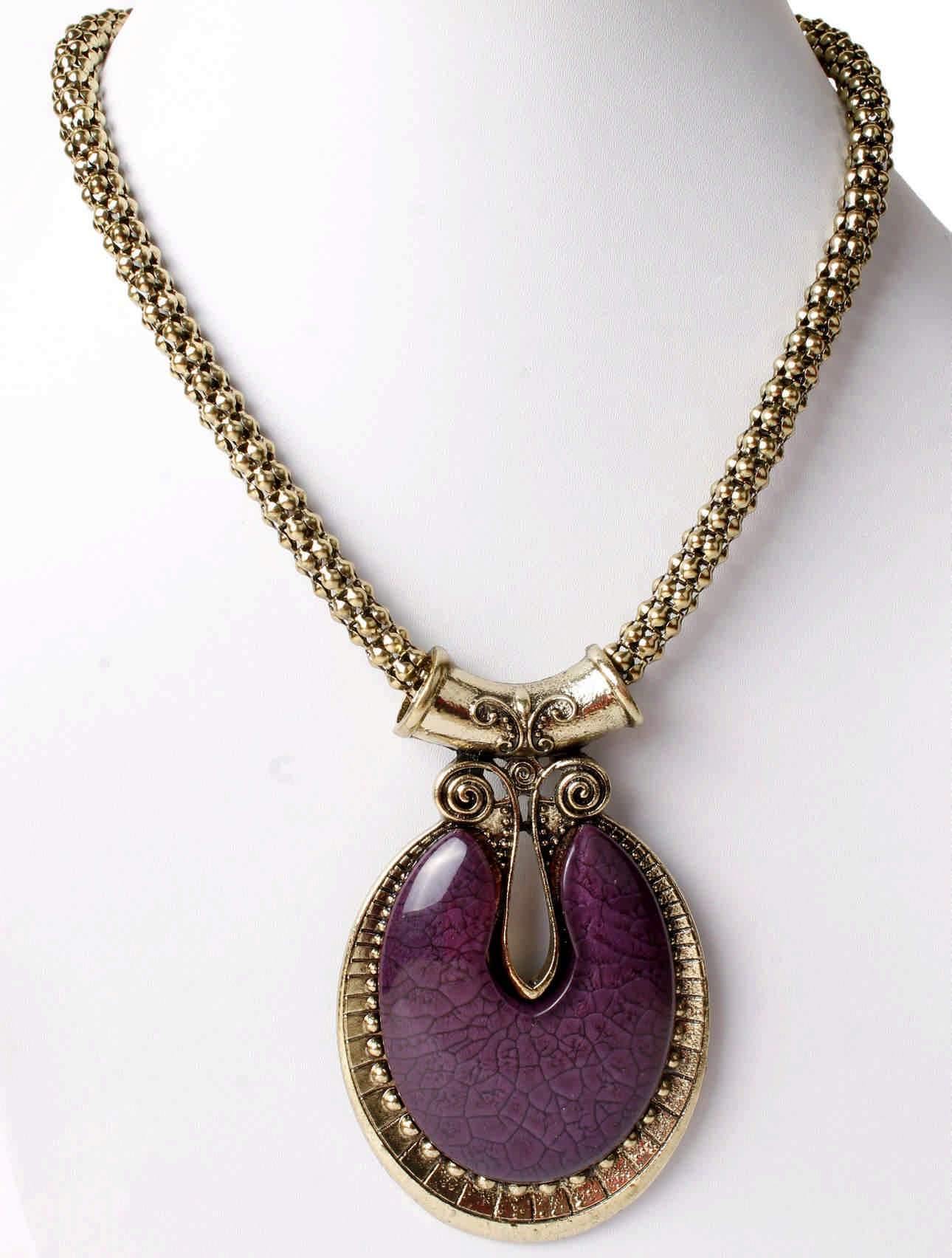 Indian Petals Big Agate Stones Design Imitation Fashion Metal Pendant with Long Chain For Girls - #Indian Petals#